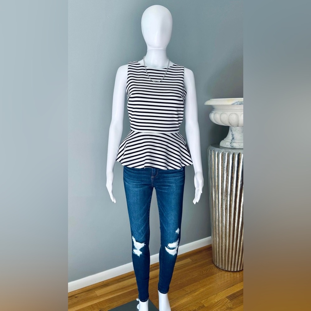 Blue and White Peplum Striped Top